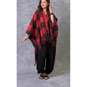 Rhea Red Black Buffalo Plaid Poncho Fringe Open Front One Size